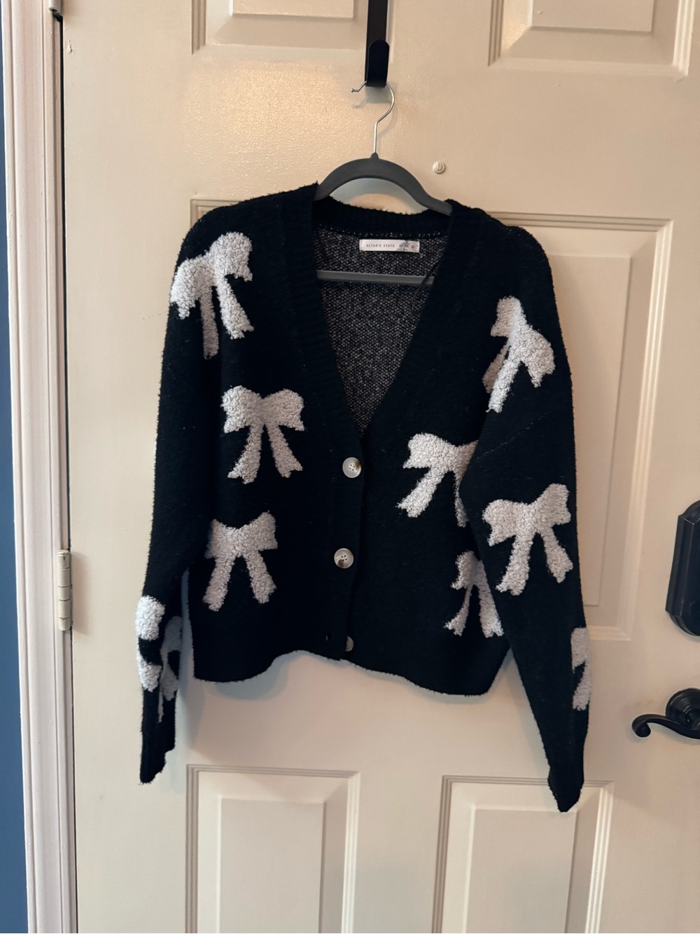 Altar'd State Black Cardigan with White Bow Motif